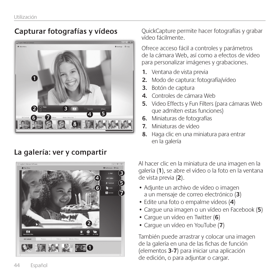 Capturar fotografías y vídeos, La galería: ver y compartir | Logitech C110 User Manual | Page 44 / 160