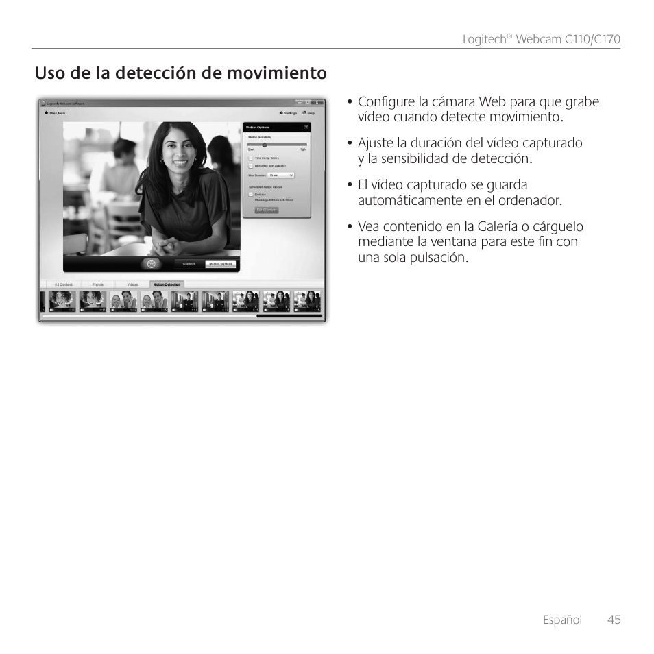 Uso de la detección de movimiento | Logitech C110 User Manual | Page 45 / 160