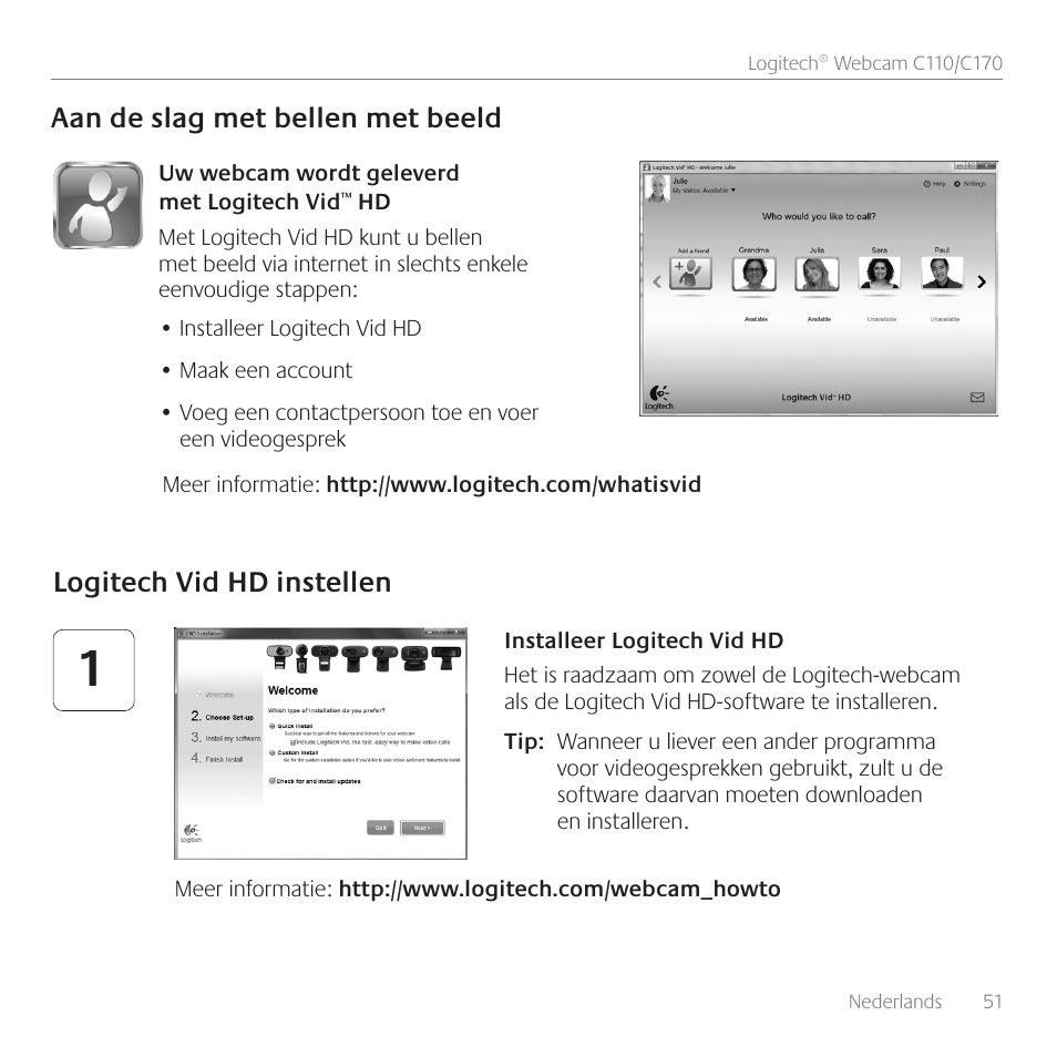 Aan de slag met bellen met beeld, Logitech vid hd instellen | Logitech C110 User Manual | Page 51 / 160