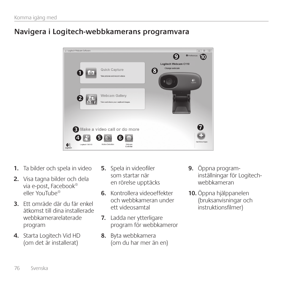 Navigera i logitech-webbkamerans programvara | Logitech C110 User Manual | Page 76 / 160