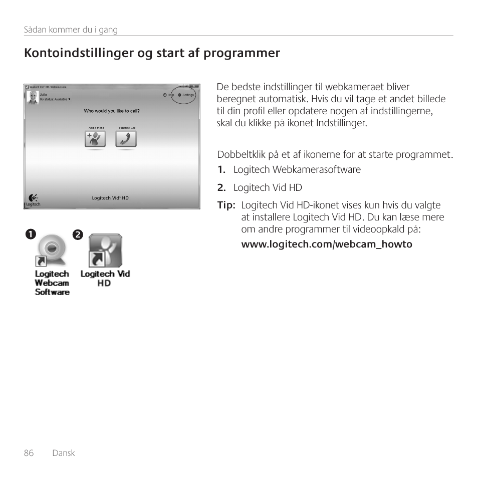 Kontoindstillinger og start af programmer | Logitech C110 User Manual | Page 86 / 160