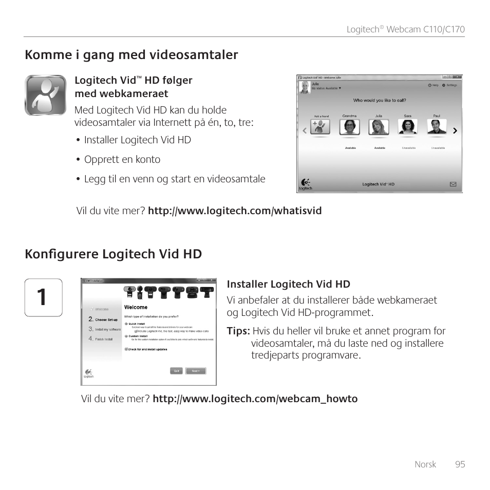 Komme i gang med videosamtaler, Konfigurere logitech vid hd | Logitech C110 User Manual | Page 95 / 160