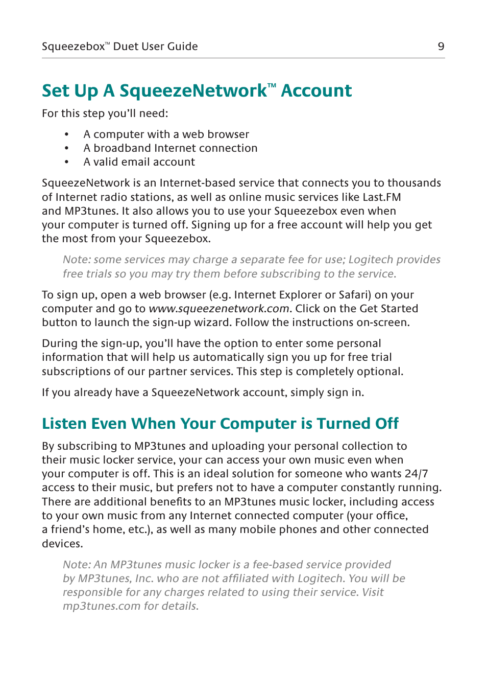 Set up a squeezenetwork, Account, Listen even when your computer is turned off | Logitech Squeezebox Duet User Manual | Page 10 / 45