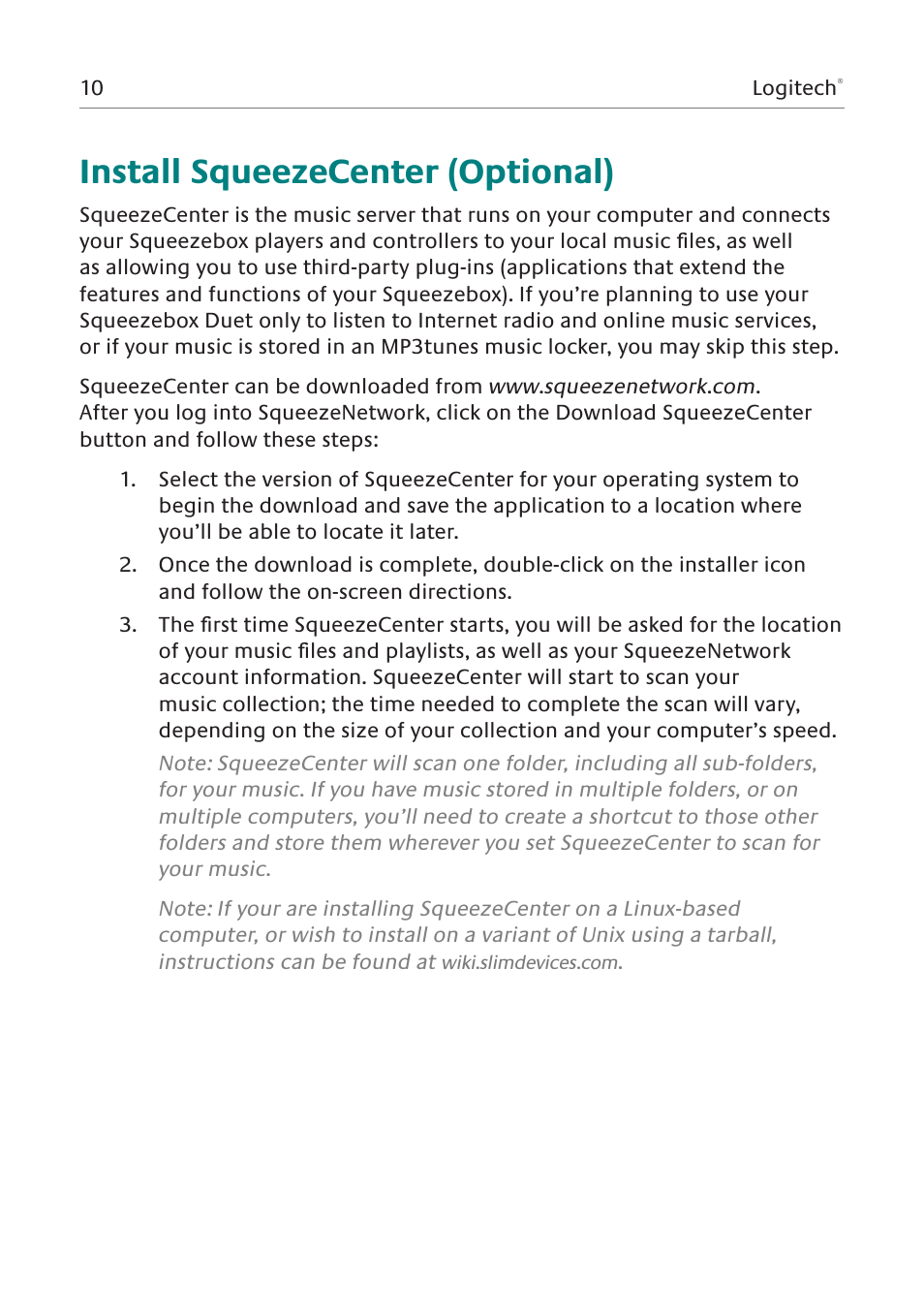 Install squeezecenter (optional) | Logitech Squeezebox Duet User Manual | Page 11 / 45