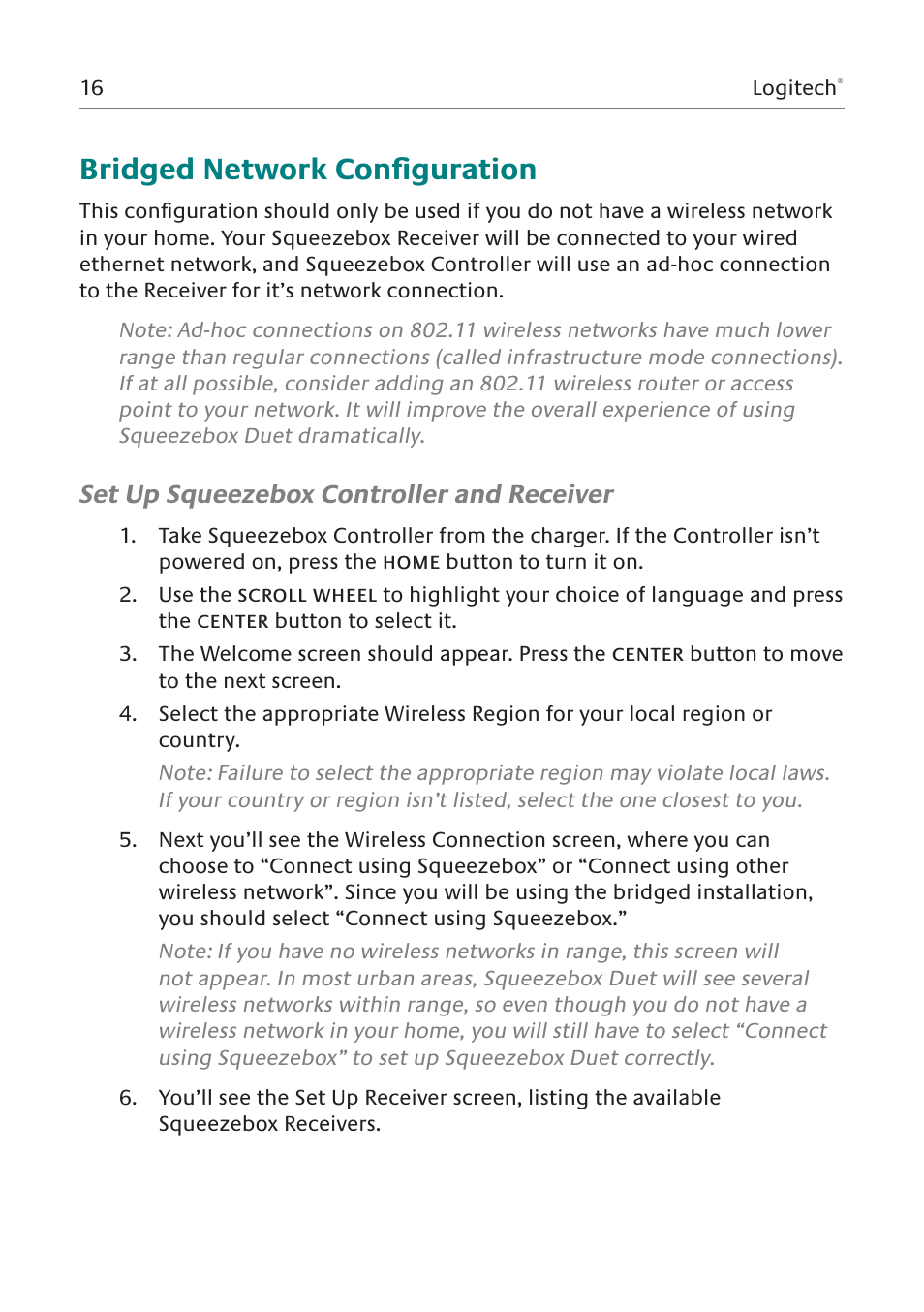 Bridged network configuration, Set up squeezebox controller and receiver | Logitech Squeezebox Duet User Manual | Page 17 / 45