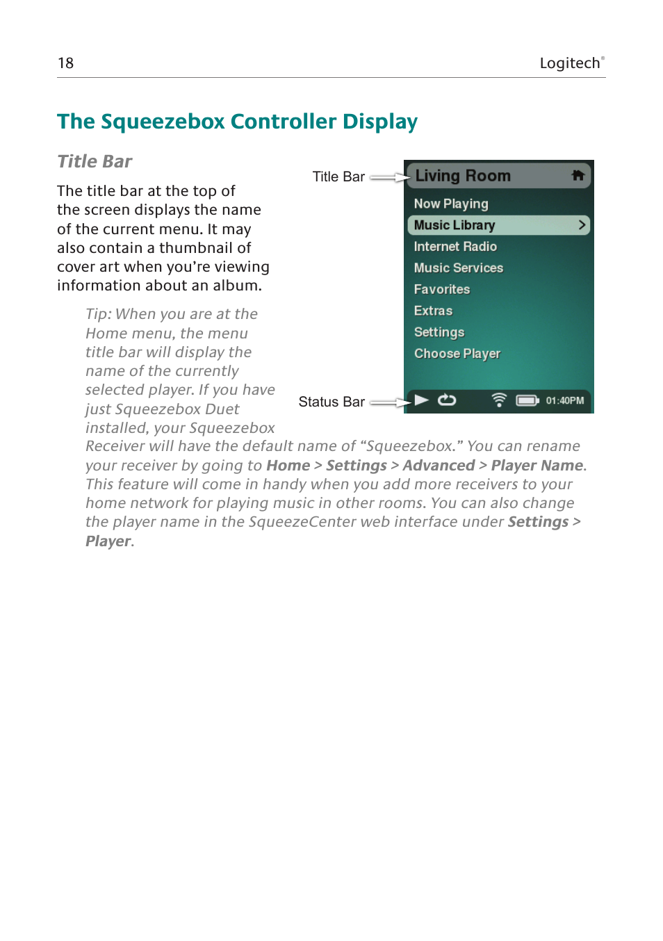 The squeezebox controller display, Title bar | Logitech Squeezebox Duet User Manual | Page 19 / 45