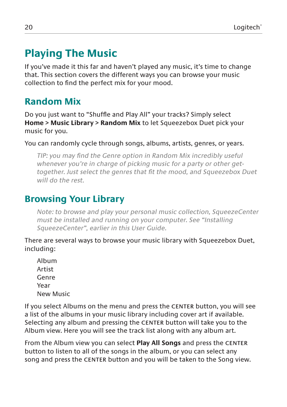 Playing the music, Random mix, Browsing your library | Logitech Squeezebox Duet User Manual | Page 21 / 45