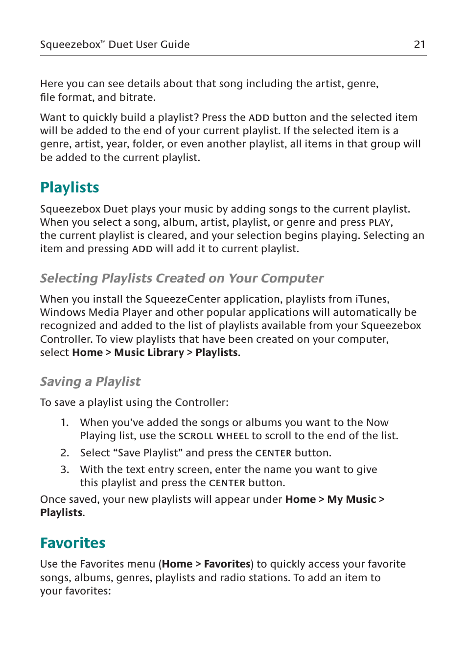 Playlists, Favorites, Selecting playlists created on your computer | Saving a playlist | Logitech Squeezebox Duet User Manual | Page 22 / 45