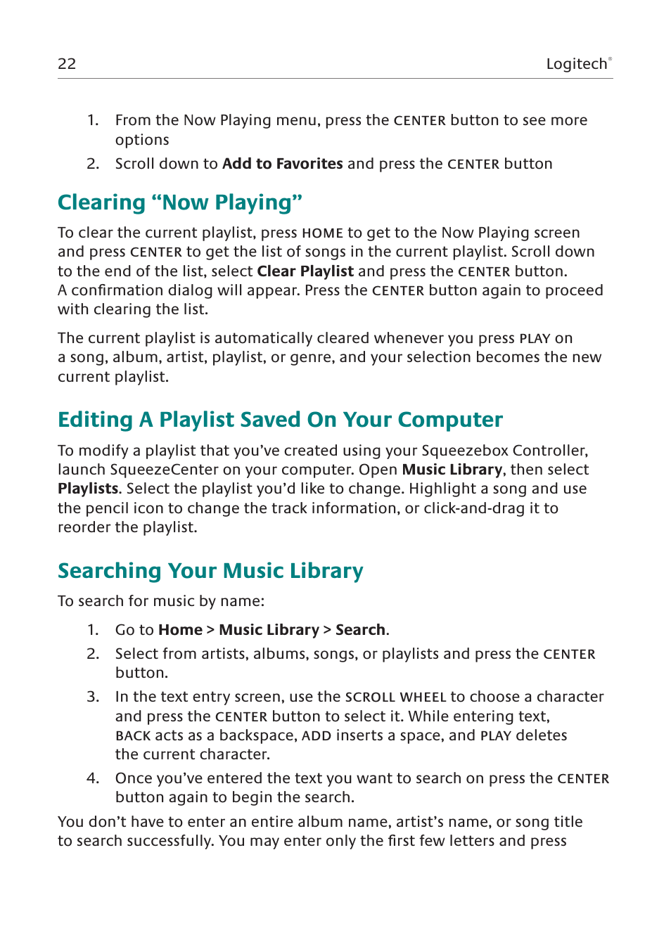 Clearing “now playing, Editing a playlist saved on your computer, Searching your music library | Logitech Squeezebox Duet User Manual | Page 23 / 45