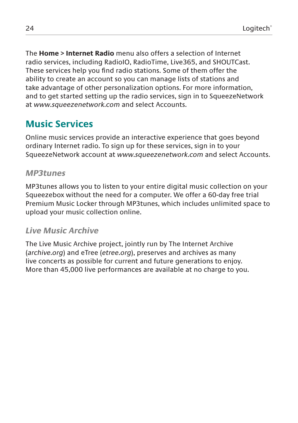 Music services, Mp3tunes, Live music archive | Logitech Squeezebox Duet User Manual | Page 25 / 45