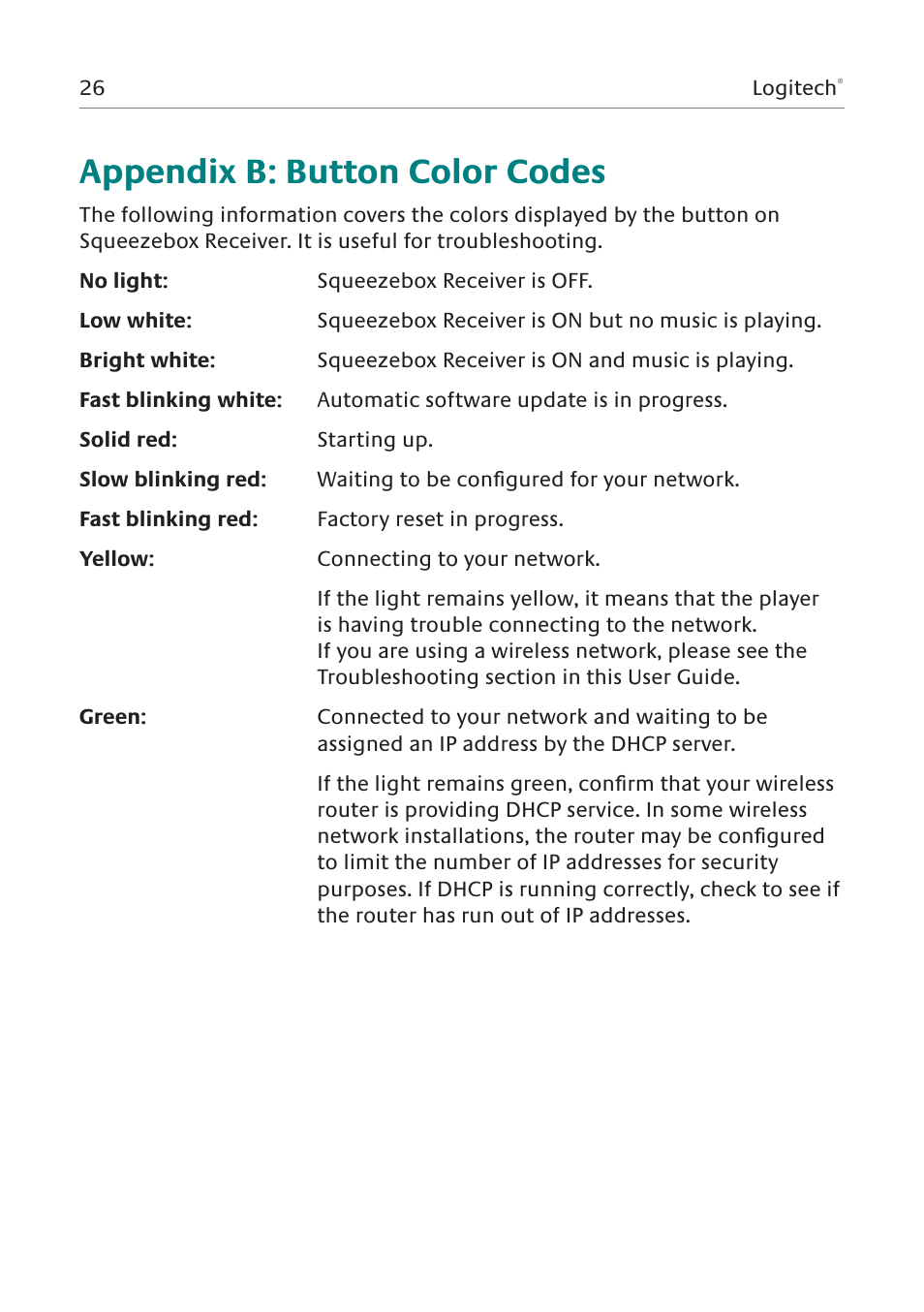 Appendix b: button color codes | Logitech Squeezebox Duet User Manual | Page 27 / 45