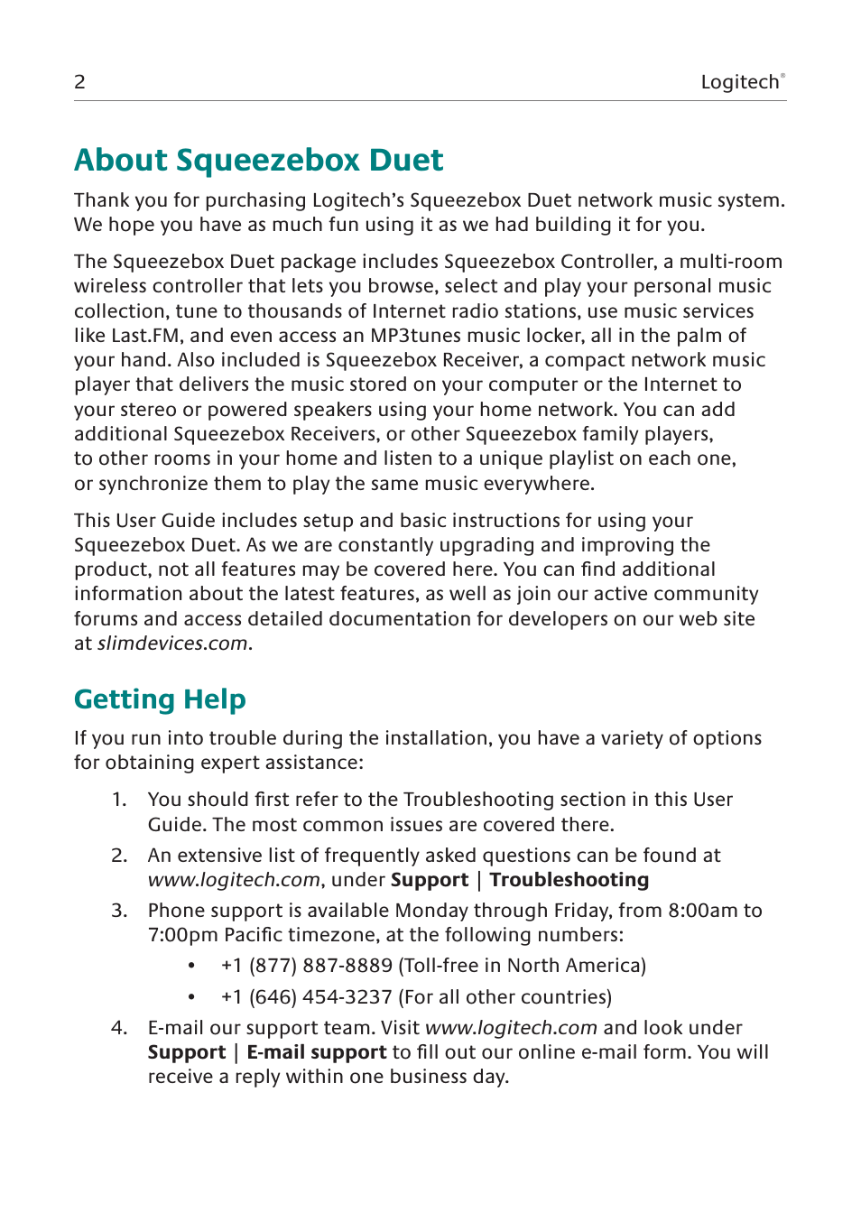 About squeezebox duet, Getting help | Logitech Squeezebox Duet User Manual | Page 3 / 45
