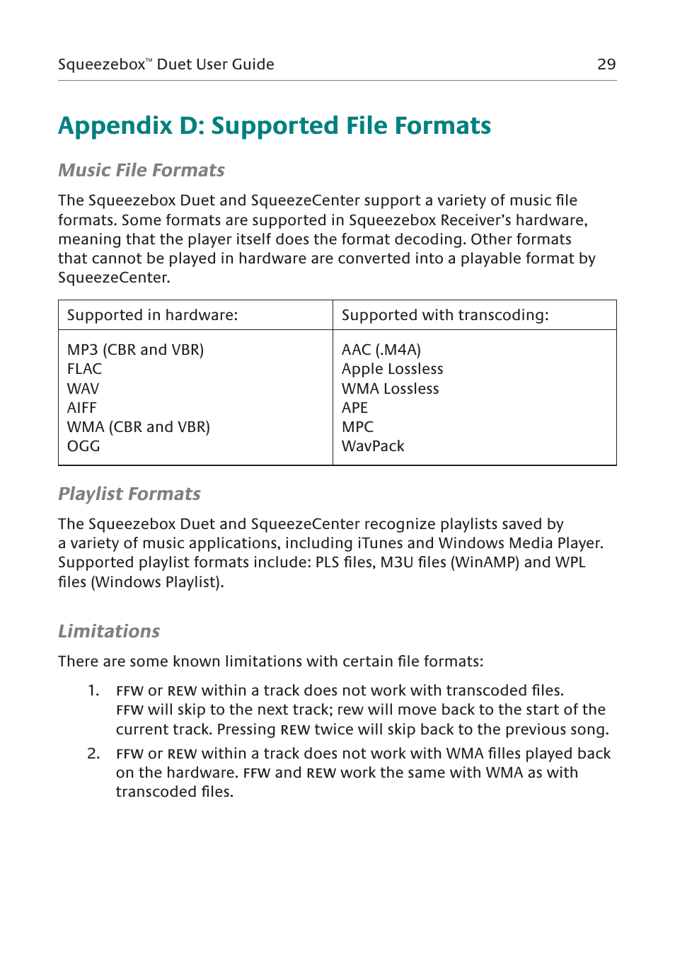 Appendix d: supported file formats, Music file formats, Playlist formats | Limitations | Logitech Squeezebox Duet User Manual | Page 30 / 45