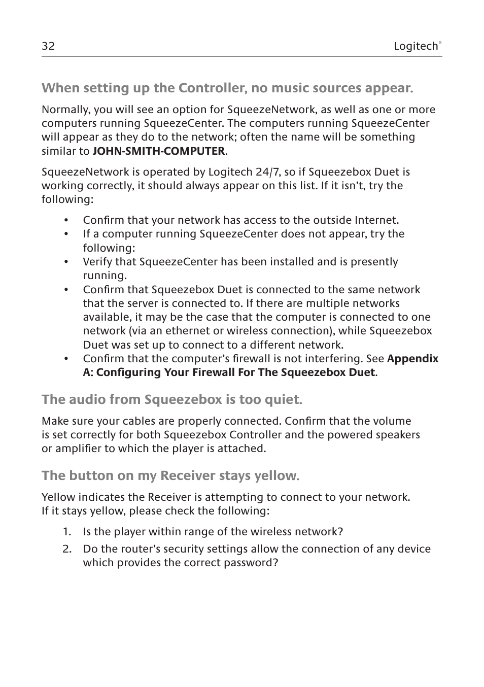 The audio from squeezebox is too quiet, The button on my receiver stays yellow | Logitech Squeezebox Duet User Manual | Page 33 / 45