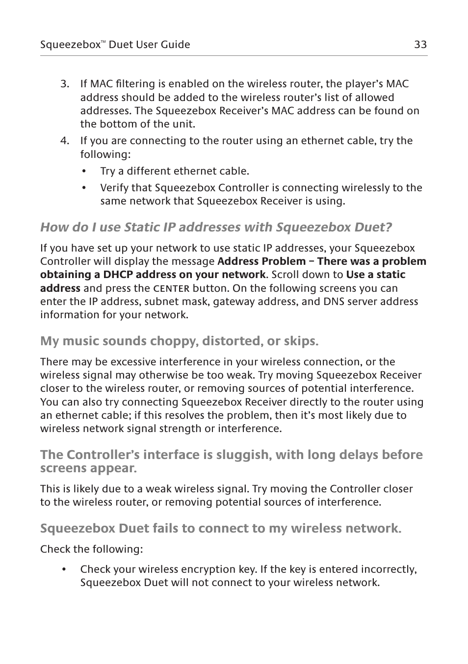 My music sounds choppy, distorted, or skips | Logitech Squeezebox Duet User Manual | Page 34 / 45