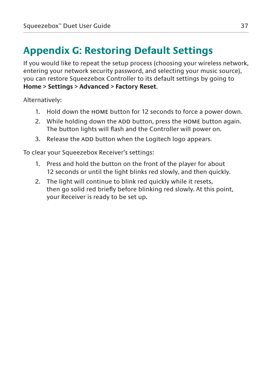 Appendix g: restoring default settings | Logitech Squeezebox Duet User Manual | Page 38 / 45