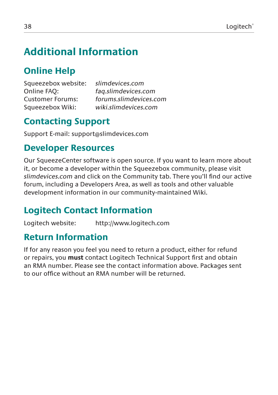 Additional information, Online help, Contacting support | Developer resources, Logitech contact information, Return information | Logitech Squeezebox Duet User Manual | Page 39 / 45