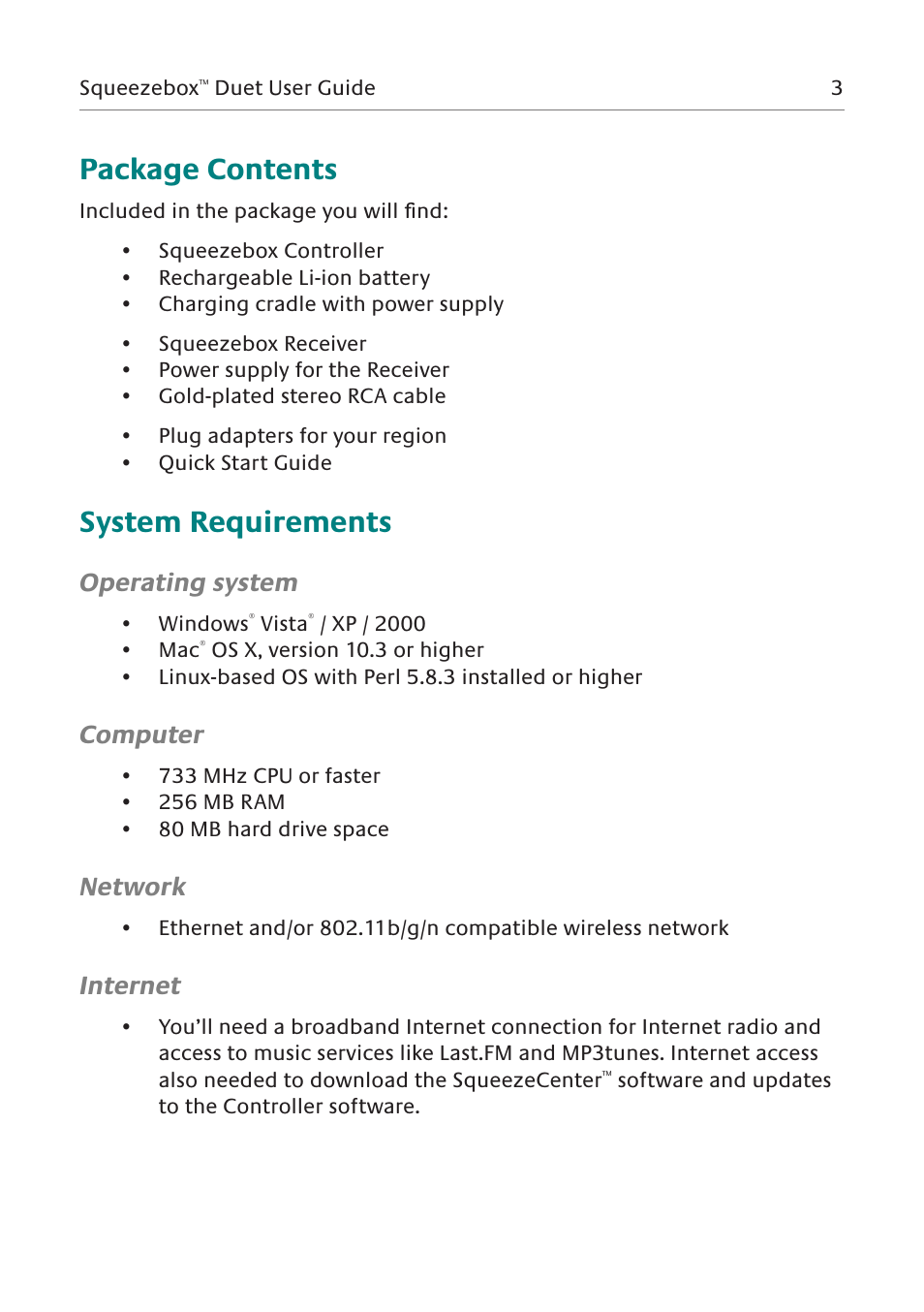 Package contents, System requirements, Operating system | Computer, Network, Internet | Logitech Squeezebox Duet User Manual | Page 4 / 45