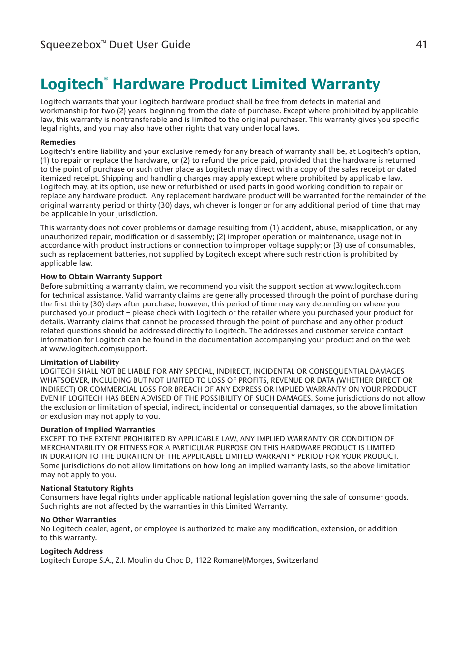 Logitech, Hardware product limited warranty, Squeezebox | Duet user guide 41 | Logitech Squeezebox Duet User Manual | Page 42 / 45