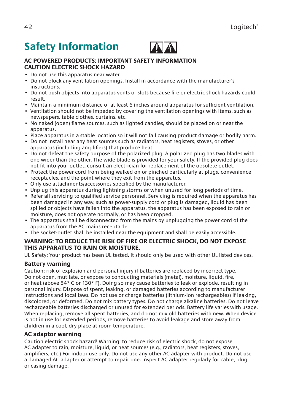 Safety information | Logitech Squeezebox Duet User Manual | Page 43 / 45