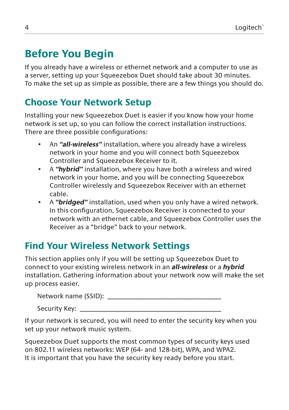 Before you begin, Choose your network setup, Find your wireless network settings | Logitech Squeezebox Duet User Manual | Page 5 / 45