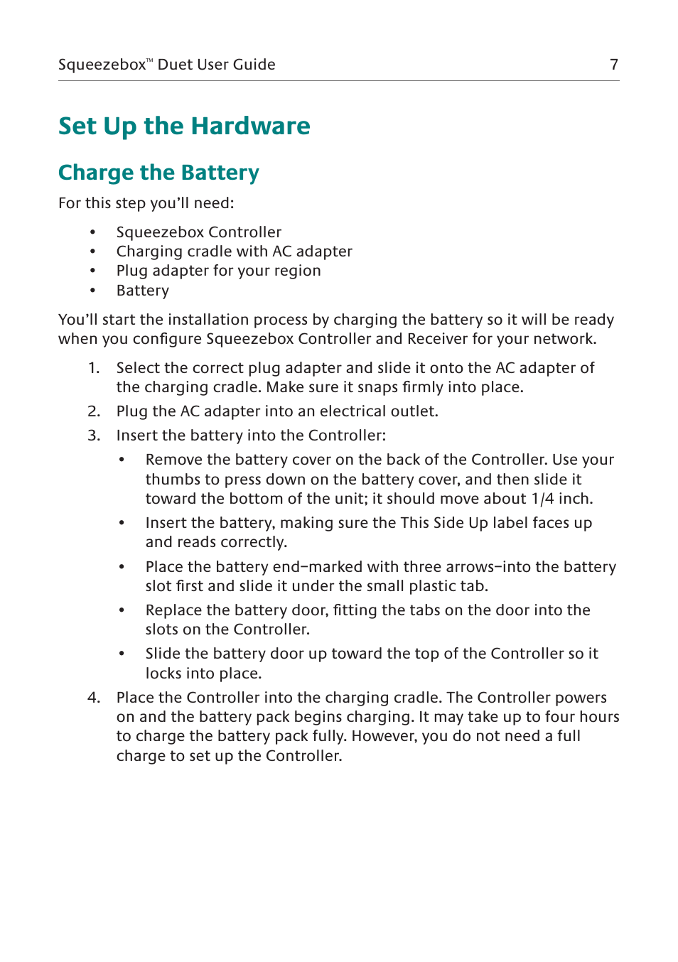 Set up the hardware, Charge the battery | Logitech Squeezebox Duet User Manual | Page 8 / 45