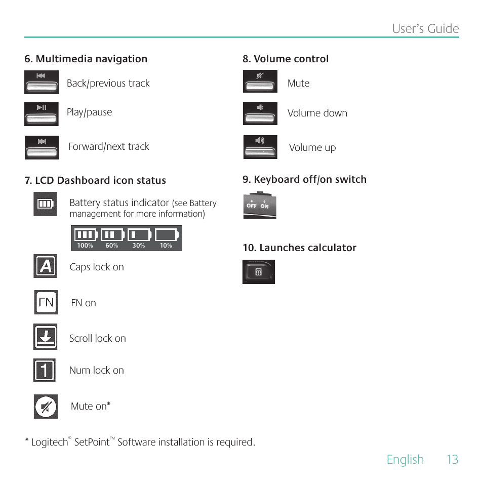 English, 13 user’s guide | Logitech MK700 User Manual | Page 13 / 72