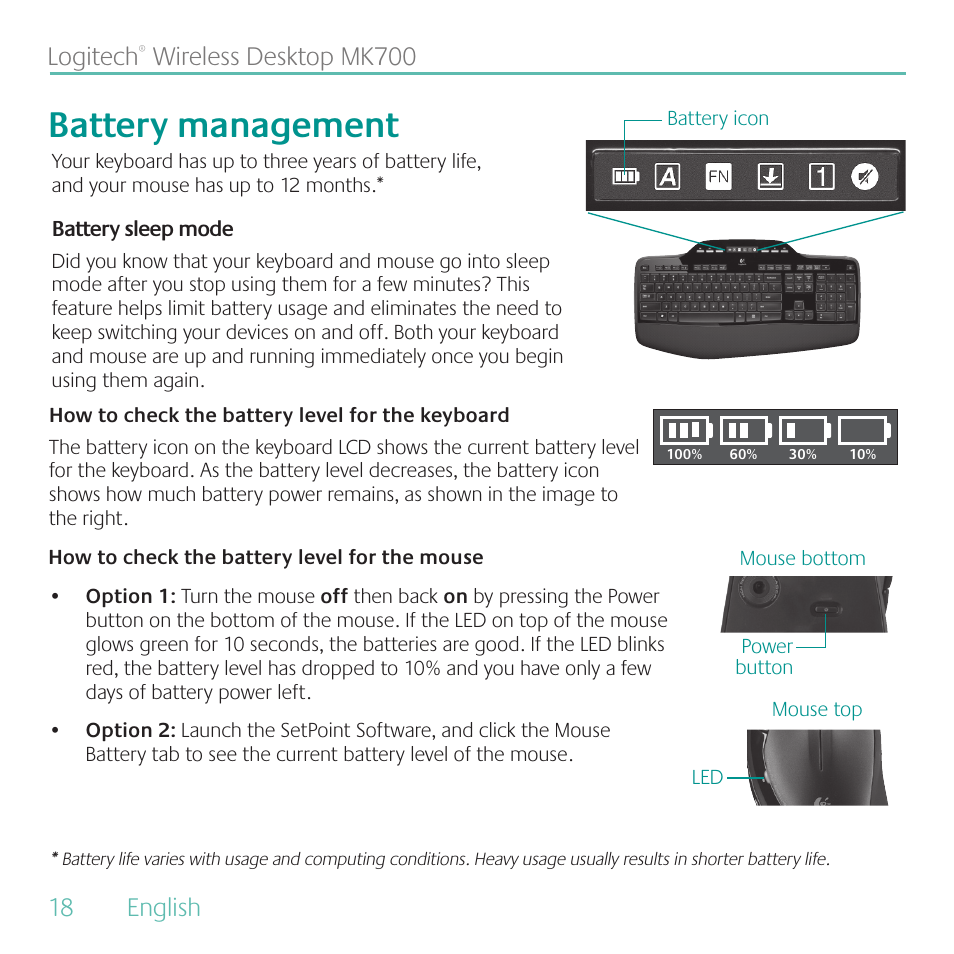 Battery management, 18 english logitech, Wireless desktop mk700 | Logitech MK700 User Manual | Page 18 / 72