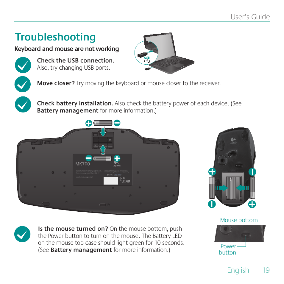 Troubleshooting, English, 19 user’s guide | Logitech MK700 User Manual | Page 19 / 72