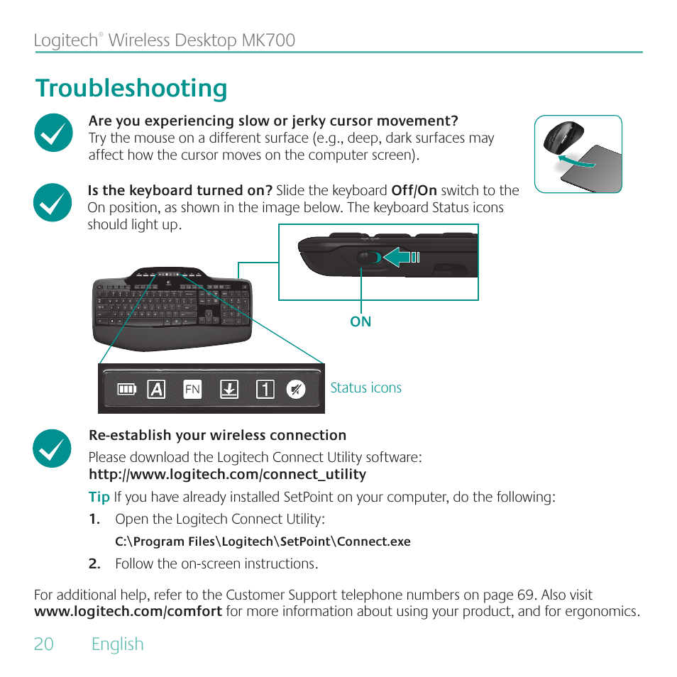 Troubleshooting, 20 english logitech, Wireless desktop mk700 | Logitech MK700 User Manual | Page 20 / 72