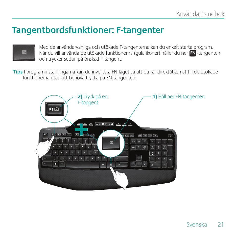 Tangentbordsfunktioner: f-tangenter | Logitech MK700 User Manual | Page 21 / 72