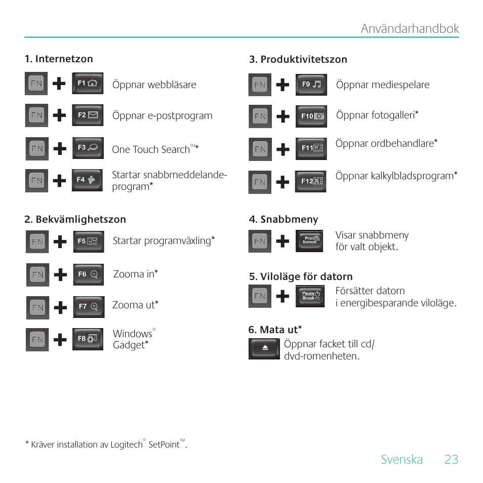 Svenska, 23 användarhandbok | Logitech MK700 User Manual | Page 23 / 72