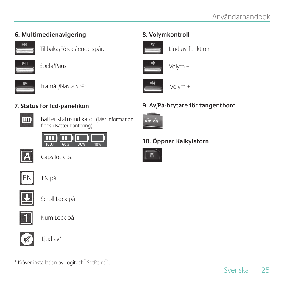 Svenska, 25 användarhandbok | Logitech MK700 User Manual | Page 25 / 72