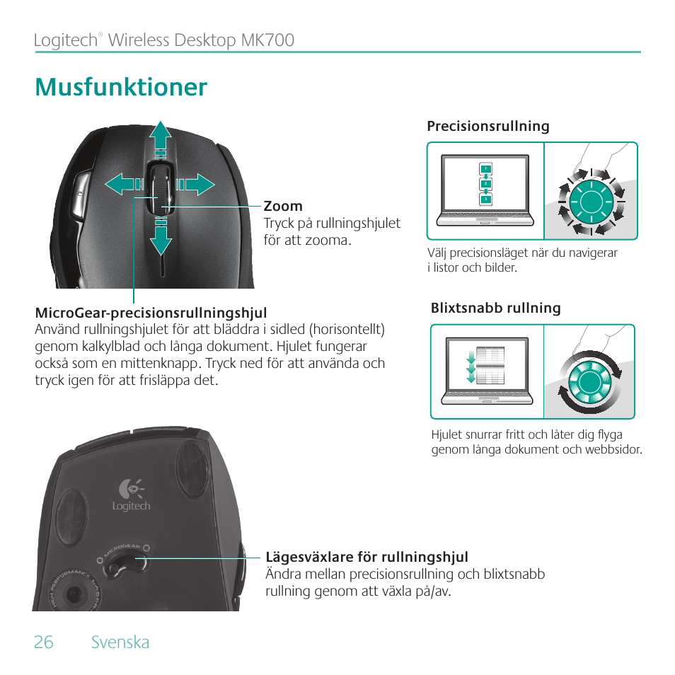 Musfunktioner, Logitech | Logitech MK700 User Manual | Page 26 / 72
