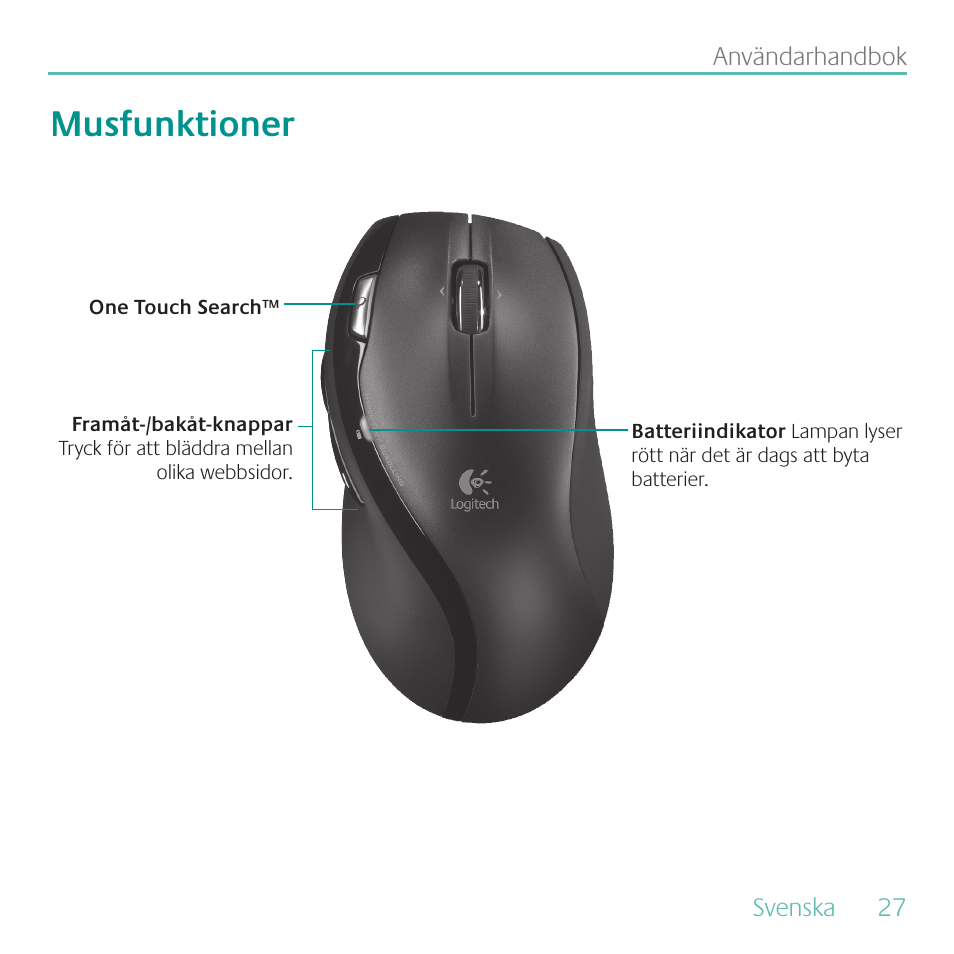 Musfunktioner | Logitech MK700 User Manual | Page 27 / 72