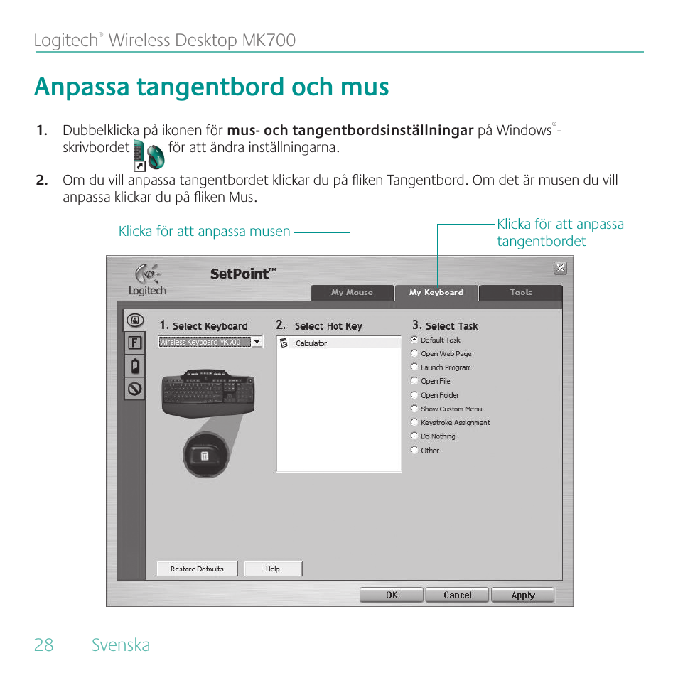 Anpassa tangentbord och mus, Logitech | Logitech MK700 User Manual | Page 28 / 72