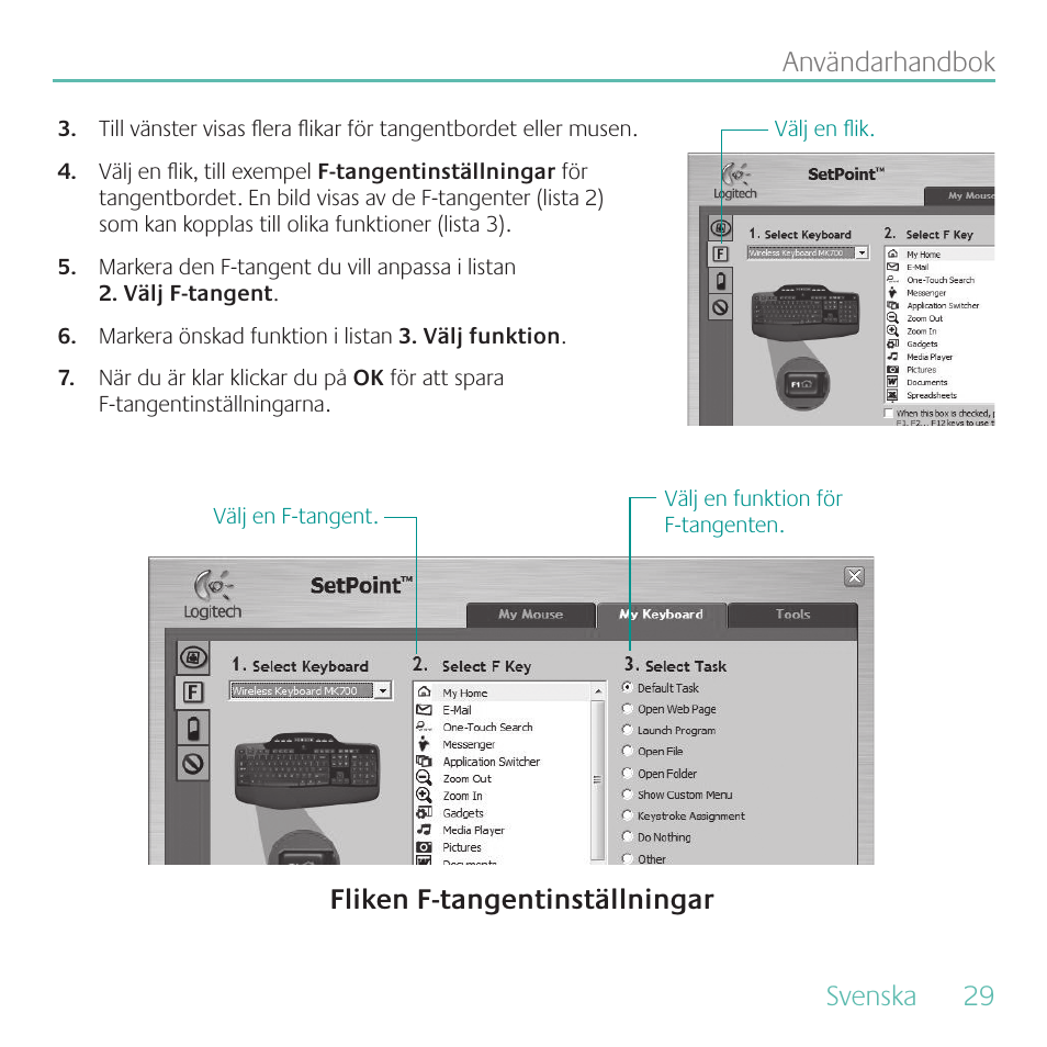 Svenska, 29 användarhandbok, Fliken f-tangentinställningar | Logitech MK700 User Manual | Page 29 / 72