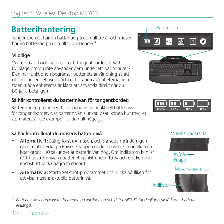 Batterihantering, Logitech | Logitech MK700 User Manual | Page 30 / 72