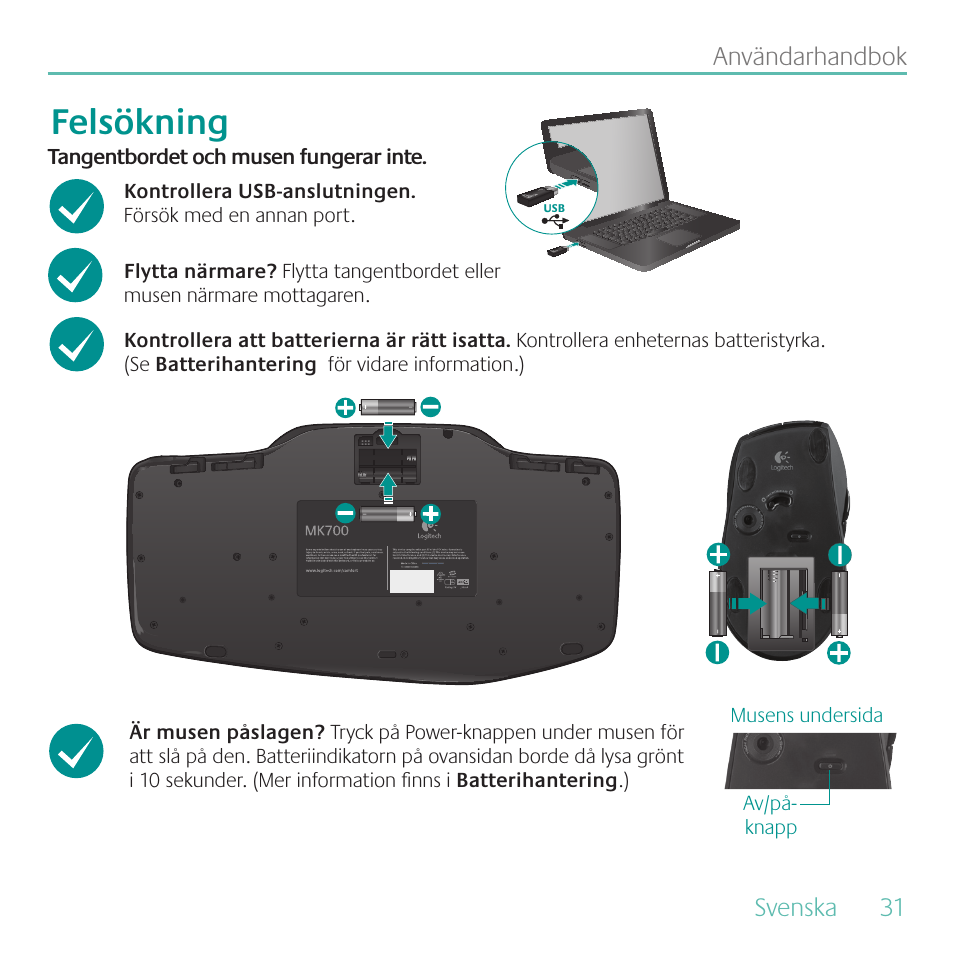 Felsökning | Logitech MK700 User Manual | Page 31 / 72