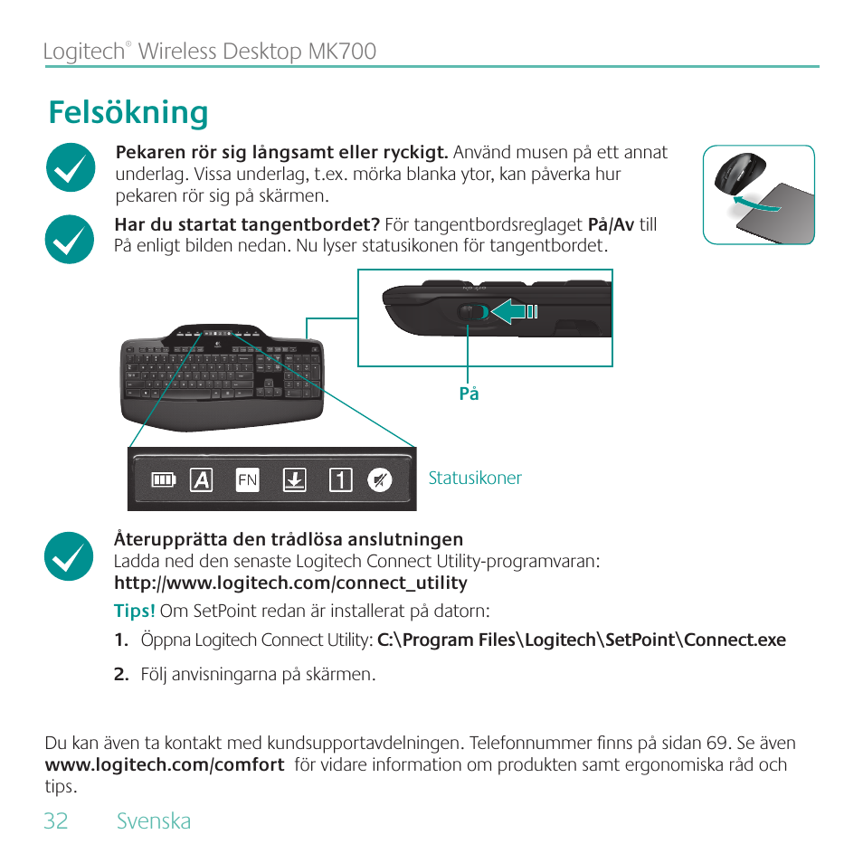 Felsökning | Logitech MK700 User Manual | Page 32 / 72