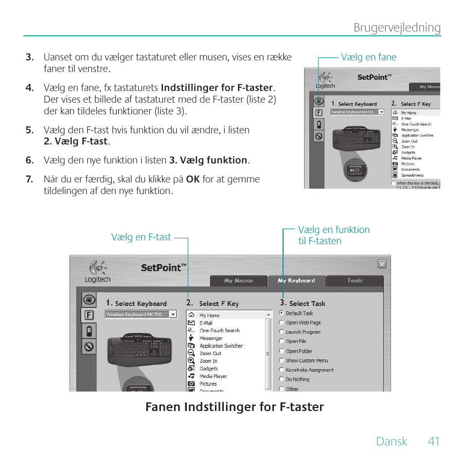 Dansk, 41 brugervejledning, Fanen indstillinger for f-taster | Logitech MK700 User Manual | Page 41 / 72
