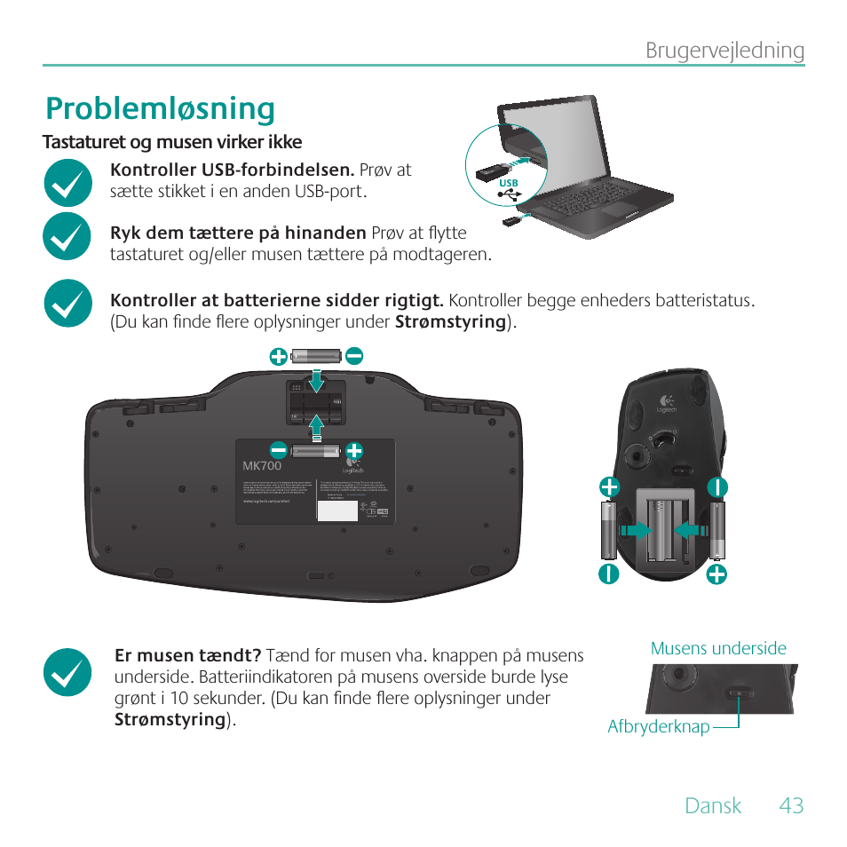 Problemløsning | Logitech MK700 User Manual | Page 43 / 72