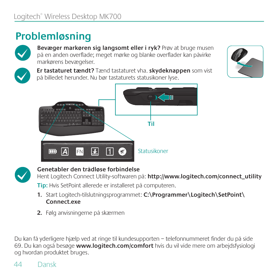 Problemløsning | Logitech MK700 User Manual | Page 44 / 72