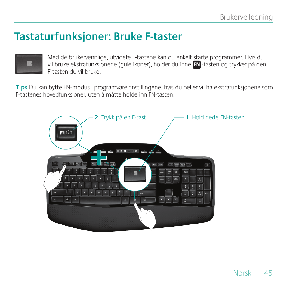 Tastaturfunksjoner: bruke f-taster | Logitech MK700 User Manual | Page 45 / 72