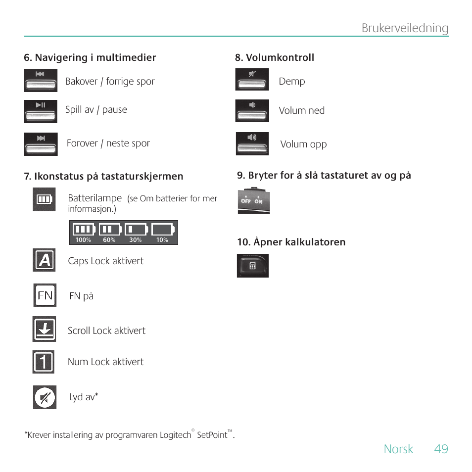 Norsk, 49 brukerveiledning | Logitech MK700 User Manual | Page 49 / 72