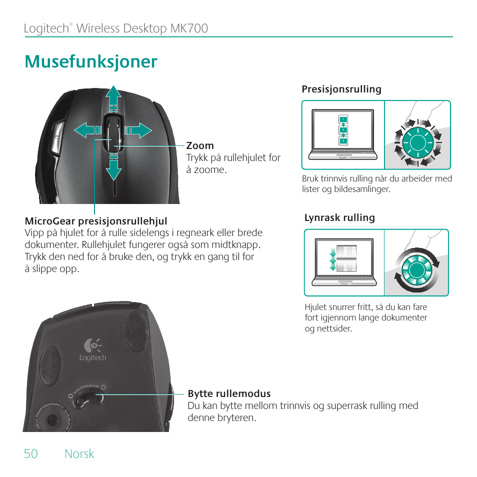 Musefunksjoner, Logitech | Logitech MK700 User Manual | Page 50 / 72