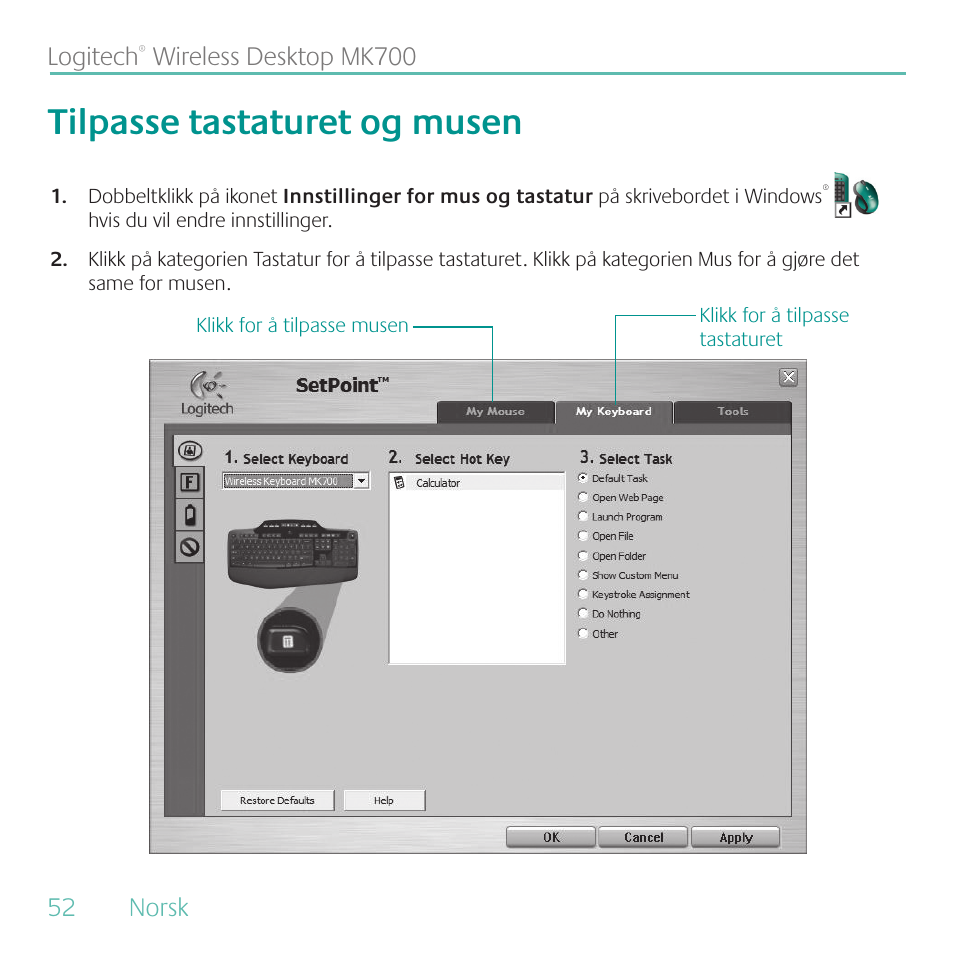 Tilpasse tastaturet og musen, Logitech | Logitech MK700 User Manual | Page 52 / 72