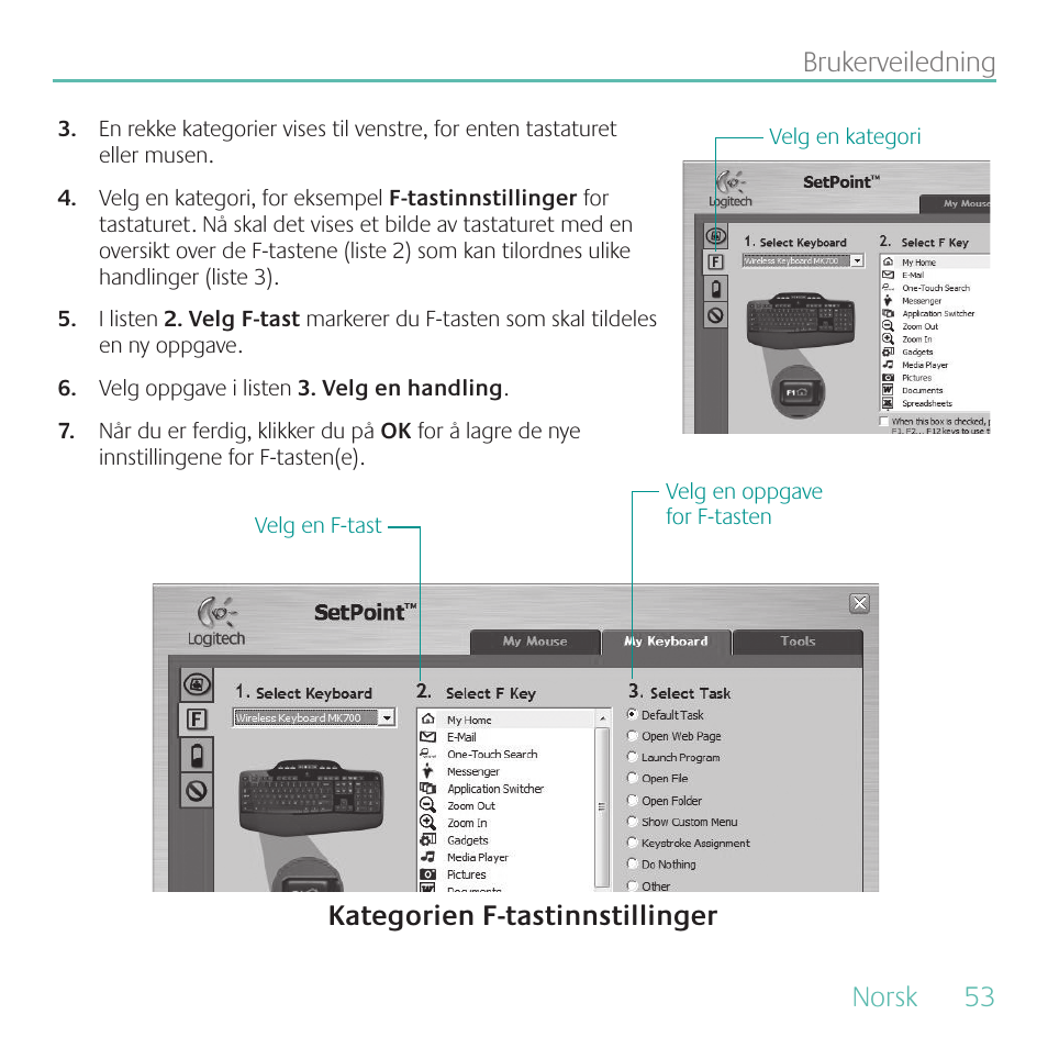 Norsk, 53 brukerveiledning, Kategorien f-tastinnstillinger | Logitech MK700 User Manual | Page 53 / 72