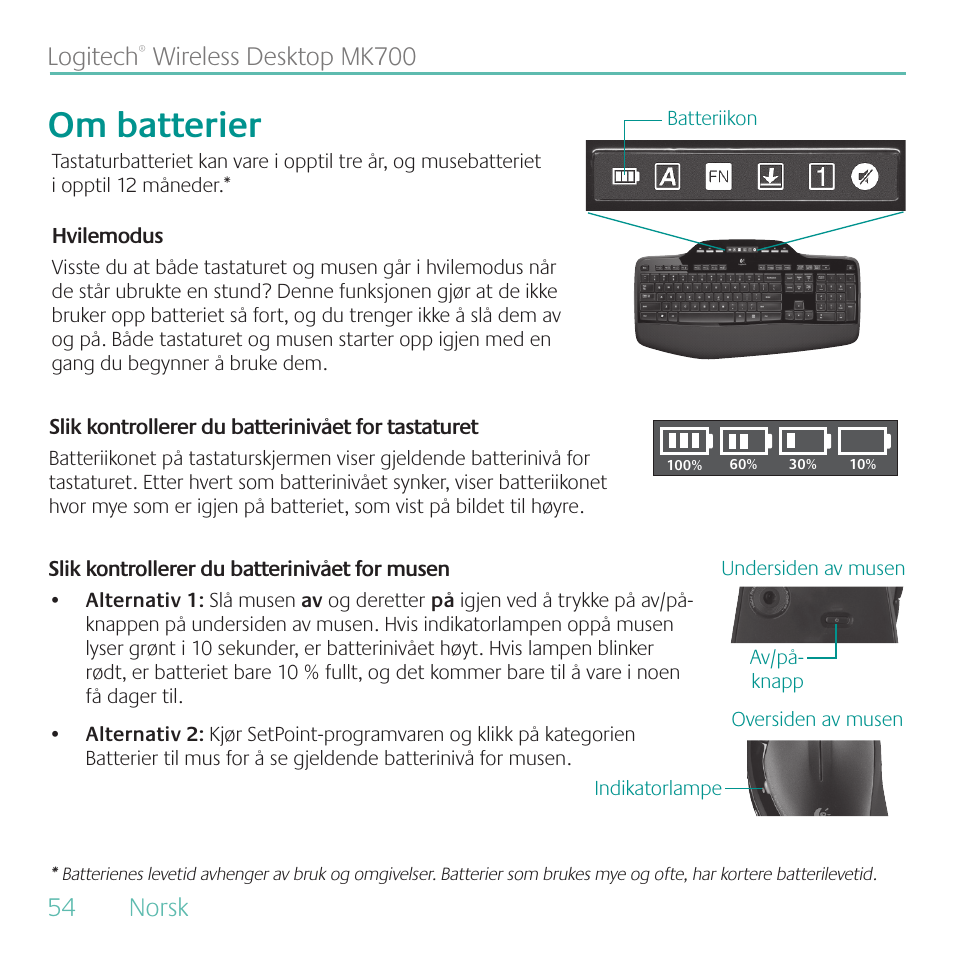 Om batterier, Logitech | Logitech MK700 User Manual | Page 54 / 72