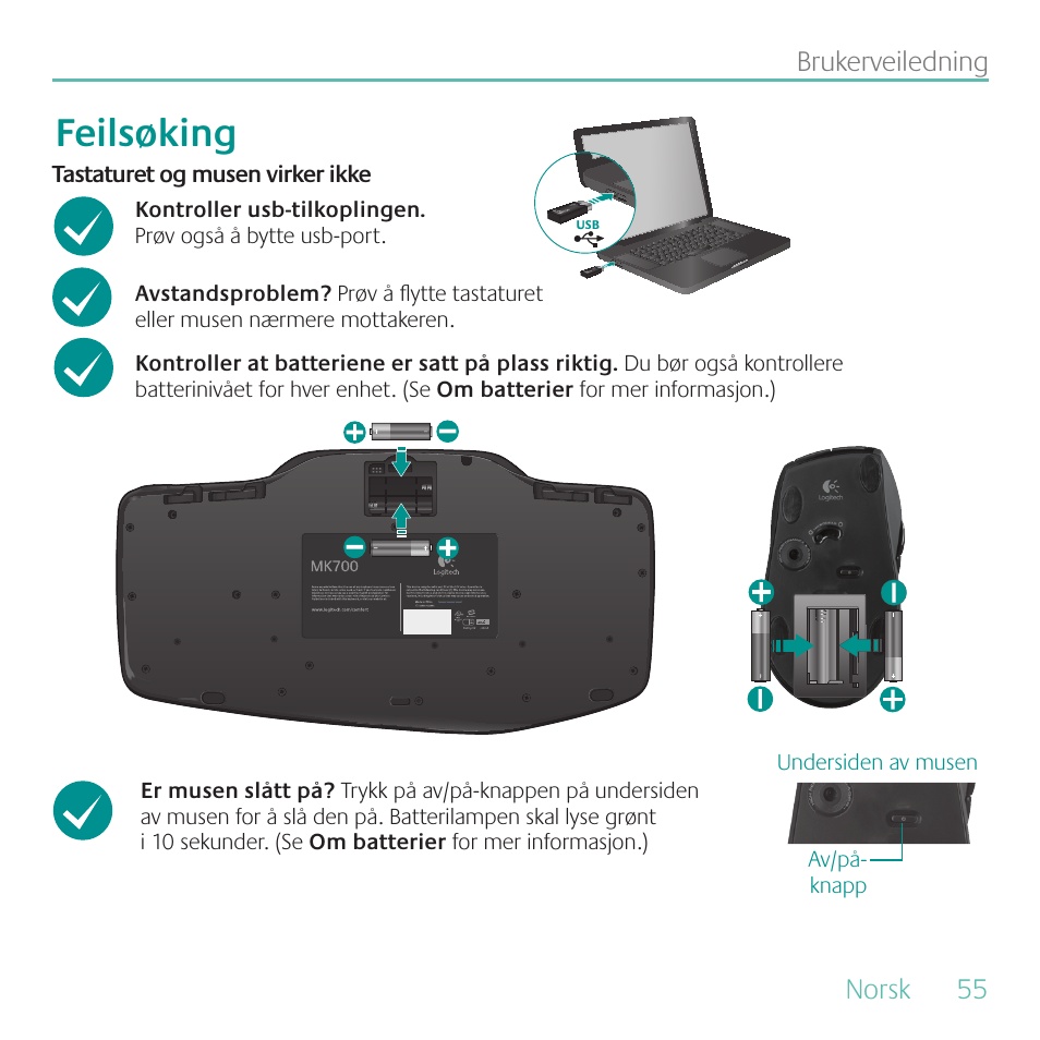 Feilsøking | Logitech MK700 User Manual | Page 55 / 72